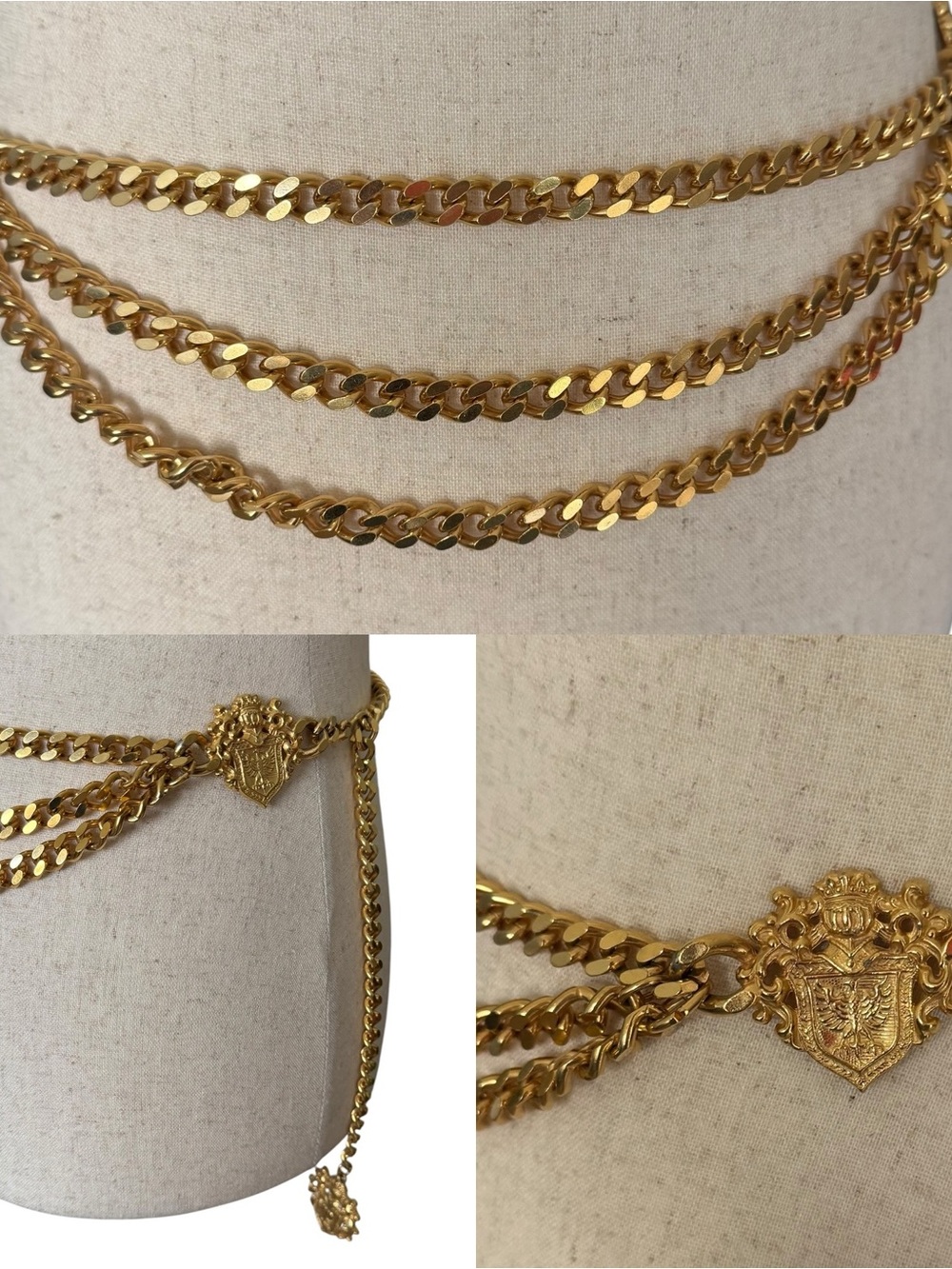 Vintage 80s Gold Crest Heraldry Chain Link Womens Metal Waist Accent Belt